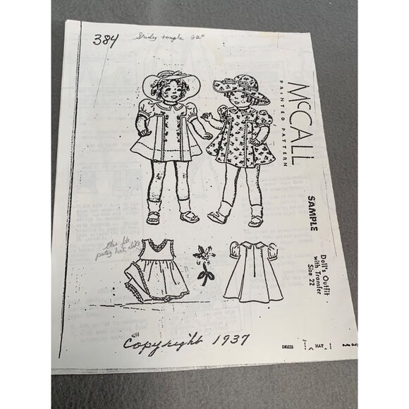 Vintage McCalls Sewing Pattern 384 1937 22" Doll Dress & Hat Shirley Temple - Picture 4 of 4